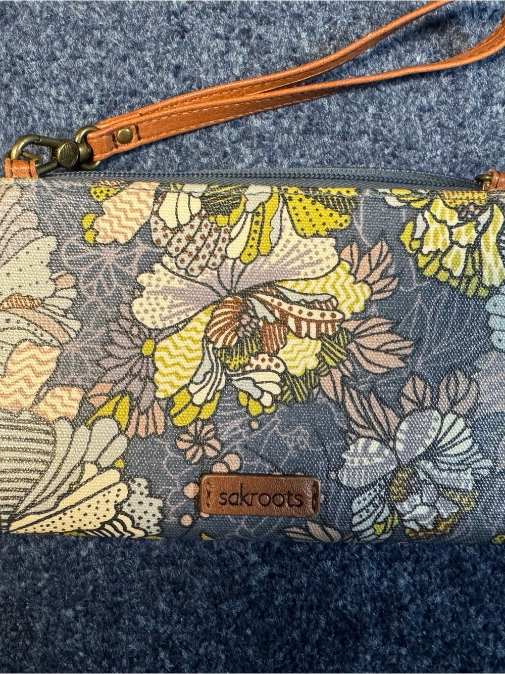 Sakroots Blue Floral Wristlet with Yellow & Pink Accents